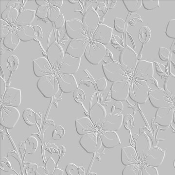 3d embossed white floral seamless pattern. Textured beautiful flowers relief background. Repeat emboss backdrop. Surface leaves, branches. 3d endless light flowers ornament with embossing effect. Art