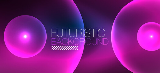 Shiny neon geometric abstract background. Glowing lights on round shapes, triangles and circles. Wallpaper for concept of AI technology, blockchain, communication, 5G, science, business