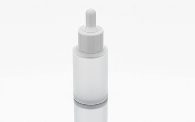 30 ml. Skincare container, Clear rough glass dropper bottle with white header , white cover, body filled with clear liquid. top view 45 degrees. 3D rendered.