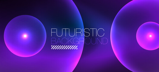 Shiny neon geometric abstract background. Glowing lights on round shapes, triangles and circles. Wallpaper for concept of AI technology, blockchain, communication, 5G, science, business