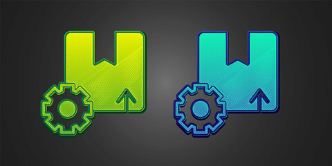 Green and blue Gear wheel with package box icon isolated on black background. Box, package, parcel sign. Delivery and packaging. Vector