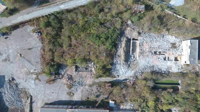 Aerial top view of the ruins of a Soviet Era factory in Zhytomyr, Ukraine