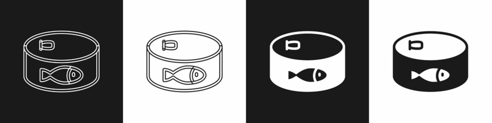 Set Canned fish icon isolated on black and white background. Vector