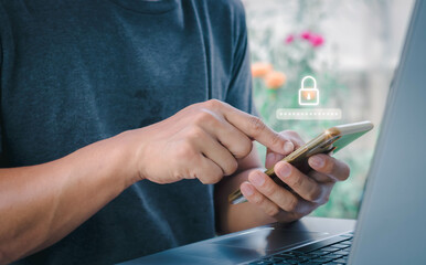 Asian businessman using the smart mobile phone to access on phone with laptop for validate password for biometric two steps authentication to unlock security, Business Technology security Concept