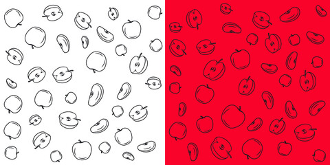Various apples and apple slices in doodle style. Drawn vector fruit illustration