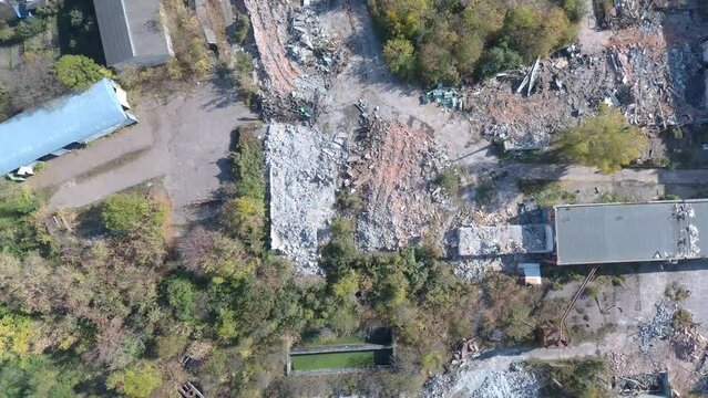Aerial top view of the ruins of a Soviet Era factory in Zhytomyr, Ukraine