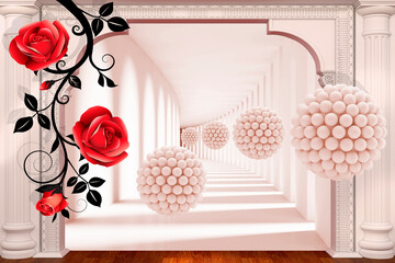 3d rendering. A rose with a branch. 3d balls in the tunnel. A wall with arches and columns. 3d Photo Wallpapers.