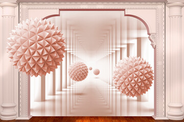 3d balls fly into the room. 3d image, 3d wallpaper. Wallpaper for the living room.