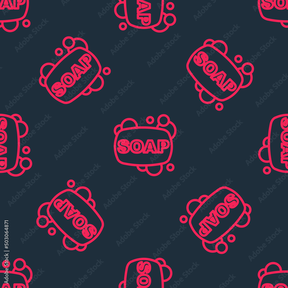 Poster red line bar of soap icon isolated seamless pattern on black background. soap bar with bubbles. vect