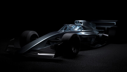 elegant dramatic super sports racing formula one car in dramatic light 2021 edition in dark black environment front view - 3d render of beautiful background wallpaper