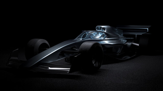 Elegant Dramatic Super Sports Racing Formula One Car In Dramatic Light 2021 Edition In Dark Black Environment Front View - 3d Render Of Beautiful Background Wallpaper