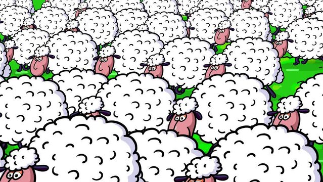Sheep white cartoon characters herd walking in the meadow.  Plenty white sheep neverending walking seamless loop wallpaper. Very good for every subject – easter, spring, farming, kid animation, etc...
