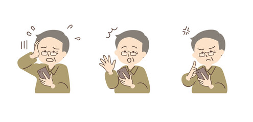 スマホを持つ男性のシンプルなイラストセット_D04【シルバーグレーの髪】