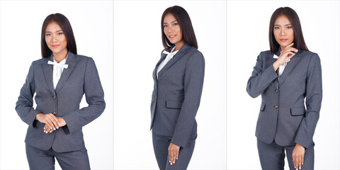 Half Body Portrait of 20s Asian business Woman black short hair white shirt gray suit pant