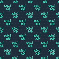 Green line Fishing hook under water with fish icon isolated seamless pattern on blue background. Fishing tackle. Vector