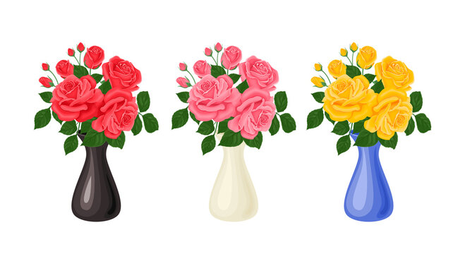 Bouquets of roses set. Beautiful red, yellow and pink rose flowers in vases isolated on white background. Vector illustration in cartoon flat style.