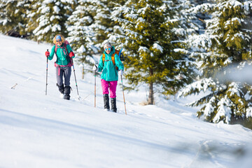 Two people in the mountains in winter