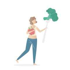 Nutrition benefit of vegetable and fruit,Diet lose weight plan for female,Food balance eating,Her holds a fork with broccoli and hug apple,Vector illustration.