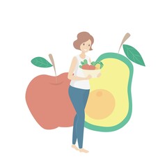 Nutrition benefit of vegetable and fruit,Diet lose weight plan for female,Food balance eating,Beautiful woman holding a fruit basket,apple and avocado,Vector illustration.