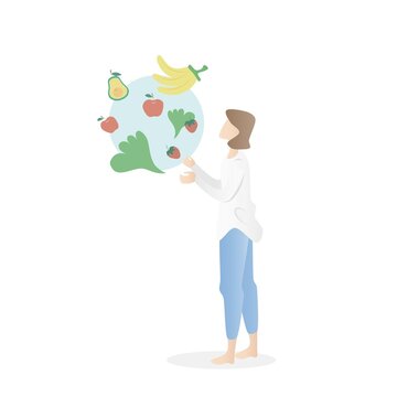 Nutrition Benefit Of Vegetable And Fruit,Diet Lose Weight Plan For Female,Food Balance Eating,Young Woman Looking At Green Leaf,apple,avocado,strawberry, Banana,Vector Illustration.