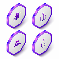 Set Isometric Swiss army knife, Fishing hook, Fisherman hat and icon. Purple hexagon button. Vector