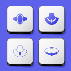 Set Diamond engagement ring, Necklace mannequin, and Bracelet jewelry icon. White square button. Vector