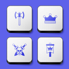 Set Medieval poleaxe, King crown, Skull with sword and flag icon. White square button. Vector