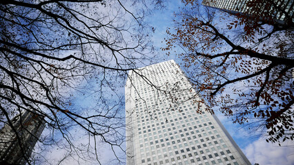 Low angle shot of the Shinjuku Nomura building skyscraper in the special wards of Tokyo, Japan