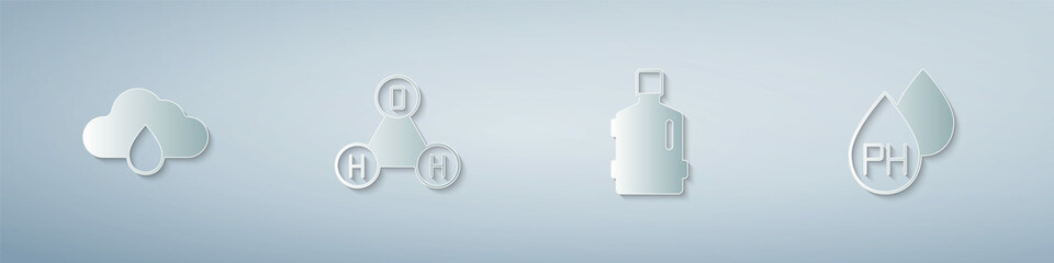 Set Cloud with rain, Chemical formula water H2O, Big bottle clean and Water drop. Paper art style. Vector