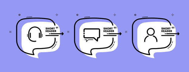 Hotline set icon. Headphones, microphone, chat, correspondence, operator. Support concept. Infographic timeline with icons and 3 steps. Vector line icon for Business and Advertising