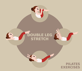 Pilates Moves Exercises Double Leg Stretch Cute Cartoon Vector Illustration