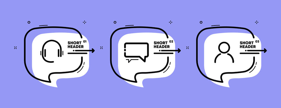 Hotline set icon. Headphones, microphone, chat, correspondence, operator. Support concept. Infographic timeline with icons and 3 steps. Vector line icon for Business and Advertising