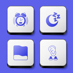 Set Alarm clock, Moon and stars, Pillow and Earplugs ear icon. White square button. Vector