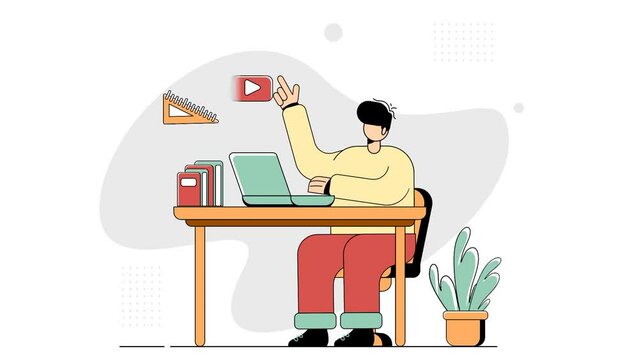 Animated Online Education flat illustration, the concept of a man studying through a laptop on a table with a book, red orange green color