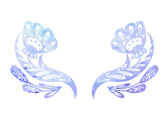 Vector blue watercolor clipart frame with flowers on stems with folk ornaments. Rustic templates with floral arrangement with naive ornaments.