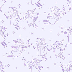 Seamless pattern in lilac tones. Fairy-tale fairies with magic wands.