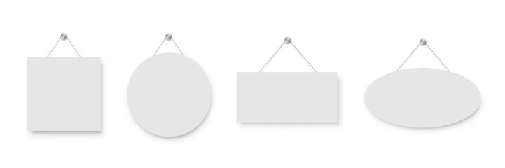Realistic empty blank white signboards hanged on metal holders. Circle, rectangle, oval and square frame templates hanging on wall. Price tags mockup. Advertisement, promotion isolated on white.