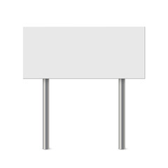 Obraz premium Empty metal sign post vector illustration. Realistic 3d blank steel signboard with blank placard for information and white plank, billboard panel on bollard, guidepost isolated on white background.