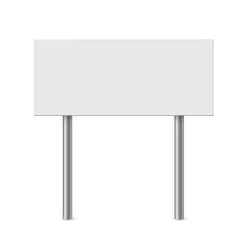 Empty metal sign post vector illustration. Realistic 3d blank steel signboard with blank placard for information and white plank, billboard panel on bollard, guidepost isolated on white background.
