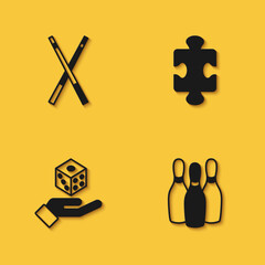 Set Crossed billiard cues, Bowling pin, Game dice and Puzzle pieces toy icon with long shadow. Vector