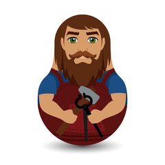 Blacksmith. An image of a bearded male blacksmith holding a hammer and tongs. Design tilting toy. Modern kawaii dolls for your business project. Flat vector illustration.
