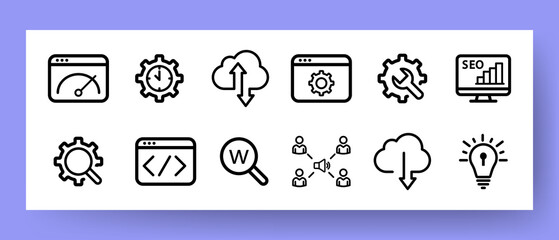 Infographics set icon. Speed test, time setting, upload and download from cloud storage, site setup, SEO, search, back and forth arrows, lamp, etc. Vector line icon for Business and Advertising