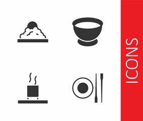 Set Food chopsticks with plate, Rice in bowl, Cup of tea and Soy sauce icon. Vector