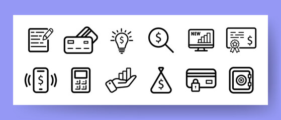 Money set icon. Map, Application, Resume, Lamp, Idea, Career, Magnifier, Safe, Salary, Calculator, bank card, chart, diagram. dollar, etc. Vector line icon for Business and Advertising