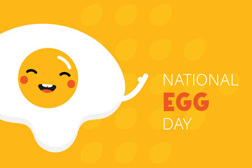 National Egg Day greeting card, illustration with cute cartoon style fried egg character. June 3.
