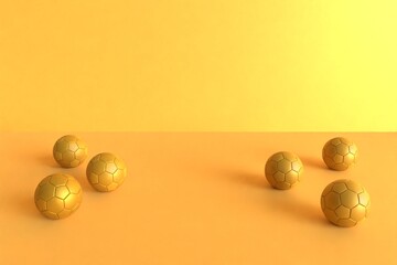 six gold-colored football balls 3d rendering
