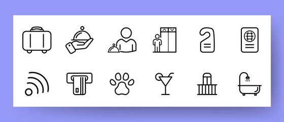 Hotel service set icon. Suitcase, dinner, waiter, reception, room, wi-fi, shower, balcony, internet, payment, etc. Vector line icon for Business and Advertising