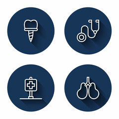 Set line Dental implant, Stethoscope, Location hospital and Lungs with long shadow. Blue circle button. Vector