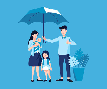 Father Holding An Umbrella To Shield His Family. Full Length, Isolated On Solid Color Background. Vector, Illustration, Flat Design Illustration