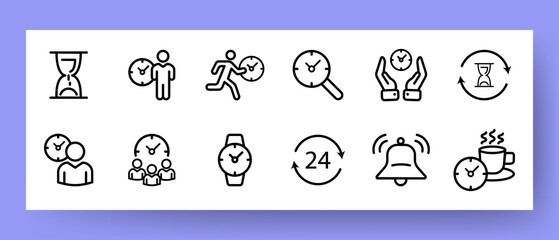 Time management set icon. Stove clock, run, pawn, alarm clock, break. Punctuality concept. Vector line icon for Business and Advertising